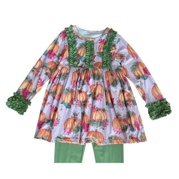 NWOT Pumpkin Leaf Fall Autumn Orange Crush Print Ruffle Top, leggings Set age 10 - Picture 9 of 14